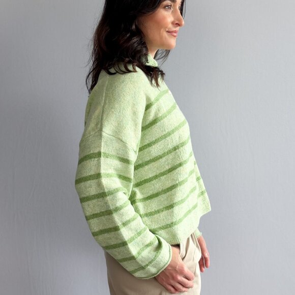 Women’s Light Green Striped Soft Knit Button Cardigan - Picture 6 of 11